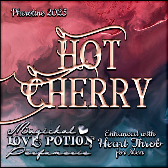 Hot Cherry with Heart Throb resinous cherry pheromone cologne for men. Label shows swirling fuchsia and navy smoke.