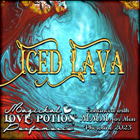 Iced Lava with MMM pheromone cologne for men smells like cool, masculine lavender. Label shows cyan and red ooze ripples.