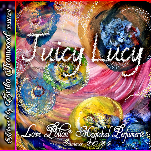 Juicy Lucy summer perfume smells like sunshine, fruits, and musk in an intoxicating blend. Label shows swirls of color.