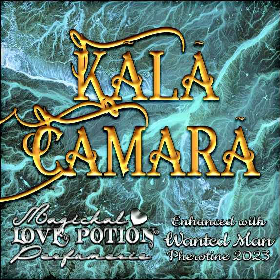 Kala Camara with Wanted Man pheromone cologne for men smells like musky, sexy leather. Label shows aqua topography.