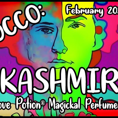 OCCO Kashmir has copulin pheromones and a unisex woodsy cashmere fragrance. Label features a psychedelic man and woman.