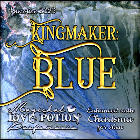 Kingmaker: Blue with Charisma for Men pheromone cologne adds summer water to spicy resins. Label shows icy topography.
