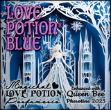 Love Potion Blue with Queen Bee pheromone perfume is a musky tomboy twist. Label shows an ice queen on her throne.