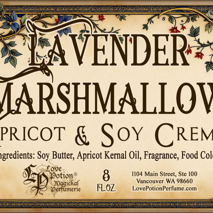 Label for Love Potion apricot and soy creme. This body cream smells like lavender marshmallows. The label art features red, blue, and gold vines and flowers.