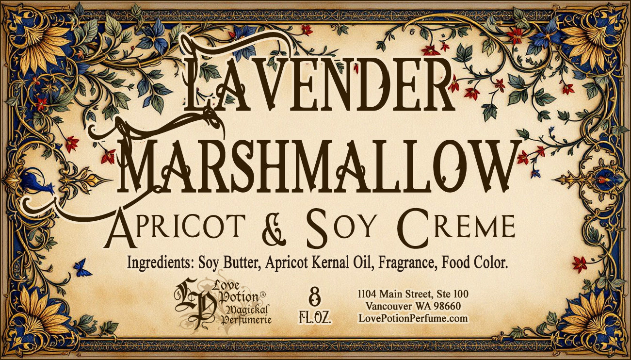 Label for Love Potion apricot and soy creme. This body cream smells like lavender marshmallows. The label art features red, blue, and gold vines and flowers.