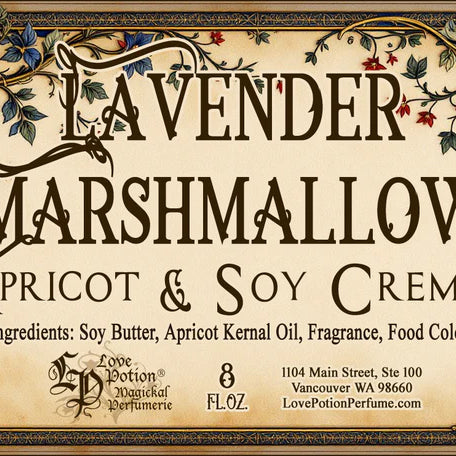 Decorative label for Lavender Marshmallow Apricot & Soy Creme with intricate flowering border art and text.