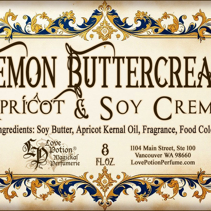 Label for apricot and soy creme. This body cream fragrance is a combination of lemon and buttercream. The label art features gold and blue scrolling leaves.