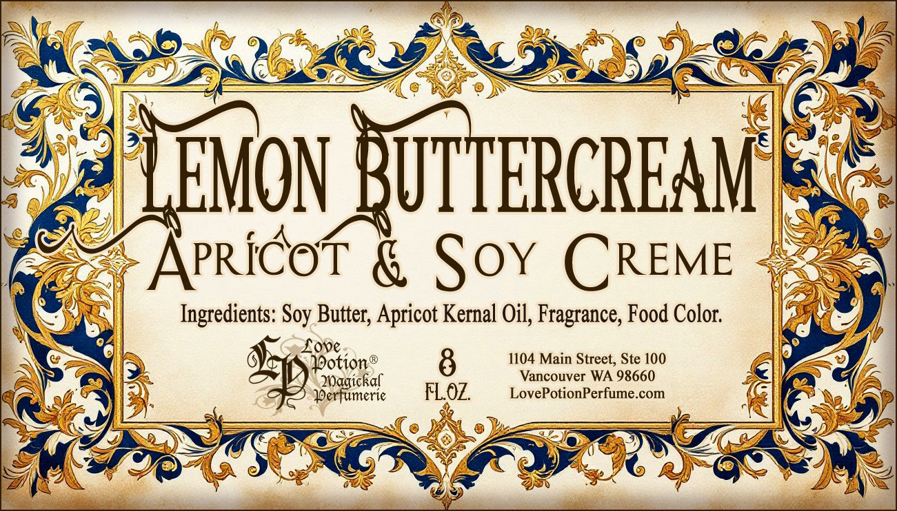Label for apricot and soy creme. This body cream fragrance is a combination of lemon and buttercream. The label art features gold and blue scrolling leaves.