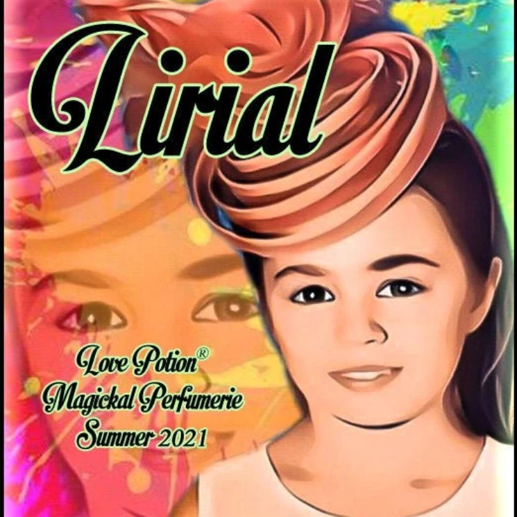 Lirial summer perfume smells like a tropical cupcake. The label art features a young woman with a swirly hat.