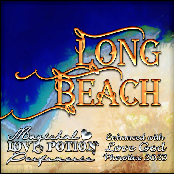 Long Beach with Love God pheromone cologne for men smells like cool coocnut. Label shows blue ocean and a sandy beach.