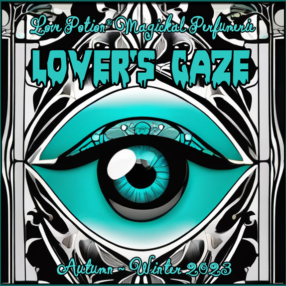 Lover's Gaze unisex perfume for everyone smells like a crisp drizzle during an autumn stroll. Label shows a teal eye.