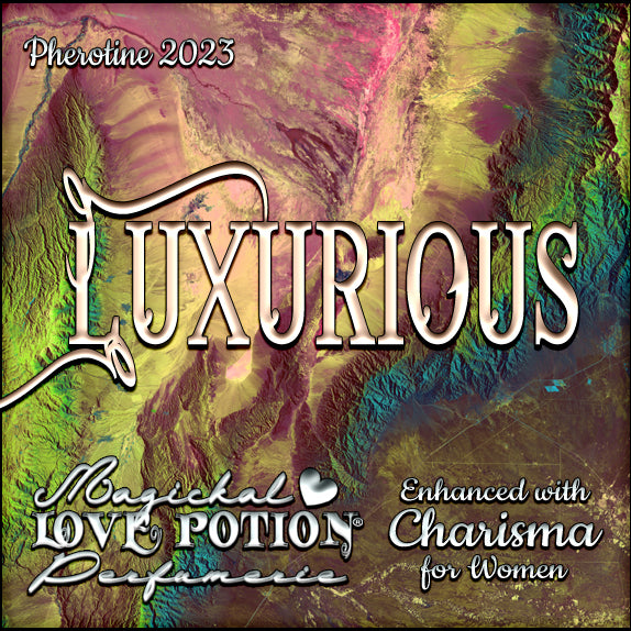 Luxurious with Charisma for Women fruity floral pheromone perfume. Label shows ruby and green mountain topography.