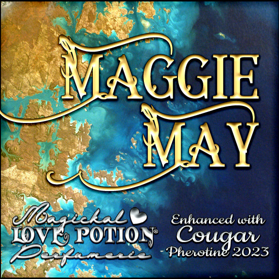 Maggie May with Cougar pheromone perfume for women smells like tropical plants. Label shows blue and brown ocean coast.