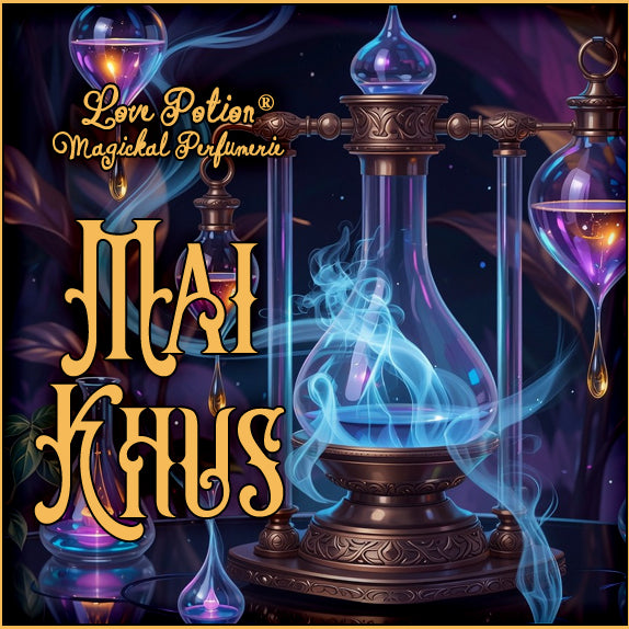 Mai Khus perfume mimics the Khus Khus potion for grounding and prosperity. The label shows colorful, exotic smoke & bottles.