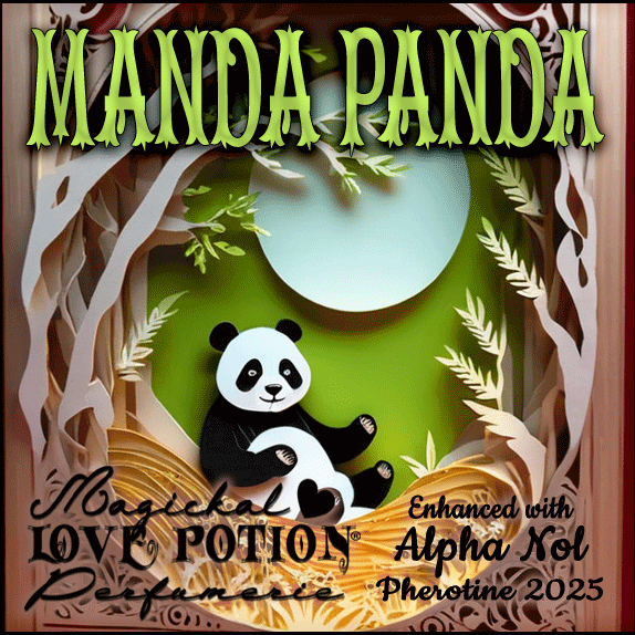 Manda Panda with Alpha Nol pheromone perfume energizes with citrus and bamboo. Label shows a panda in a forest.