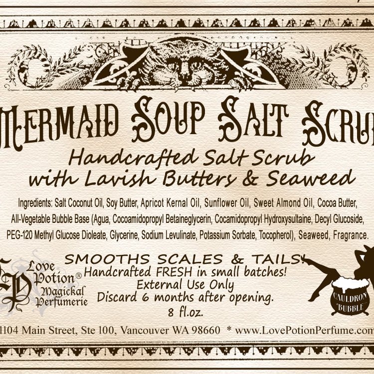 Mermaid Soup Salt Scrub handmade with butters and seaweed. Label looks like old fashioned script on aged paper.