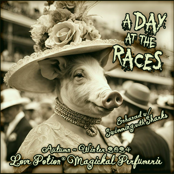 A Day at the Races Swimming with Sharks pheromone perfume is a light, green money potion. Label shows a fancy lady pig.
