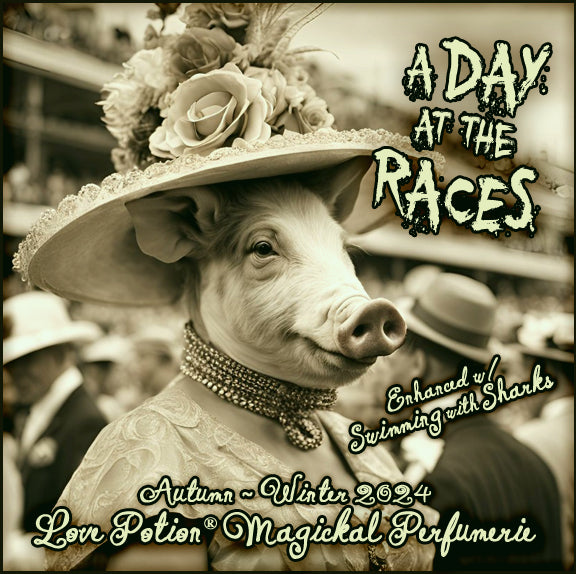 A Day at the Races Swimming with Sharks pheromone perfume is a light, green money potion. Label shows a fancy lady pig.