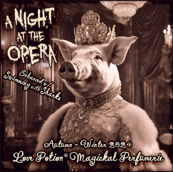A Night at the Opera Swimming with Sharks pheromone perfume is a dark, spicy money potion. Label shows a fancy lady pig.