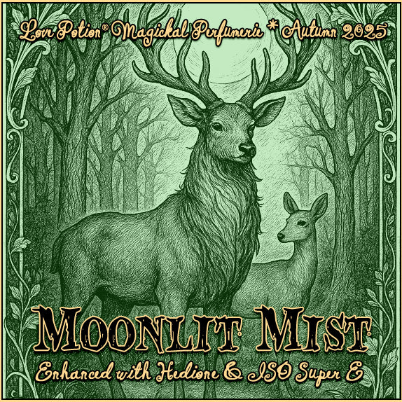 Label for Moonlit Mist perfume with Hedione and Iso E Super, featuring deer in a foggy PNW forest of leafless trees at night.