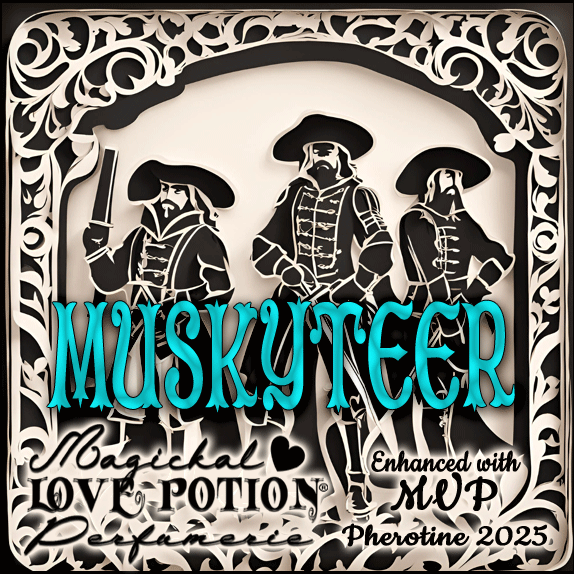 Musky fragrance for men with MVP alpha pheromones. Label features three musketeer pirates ready for a nautical adventure.