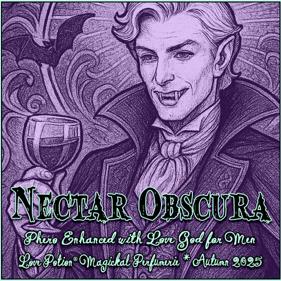 Label for Nectar Obscura sweet tobacco perfume with Love God pheromones, featuring a vampire with a glass of blood and a bat.