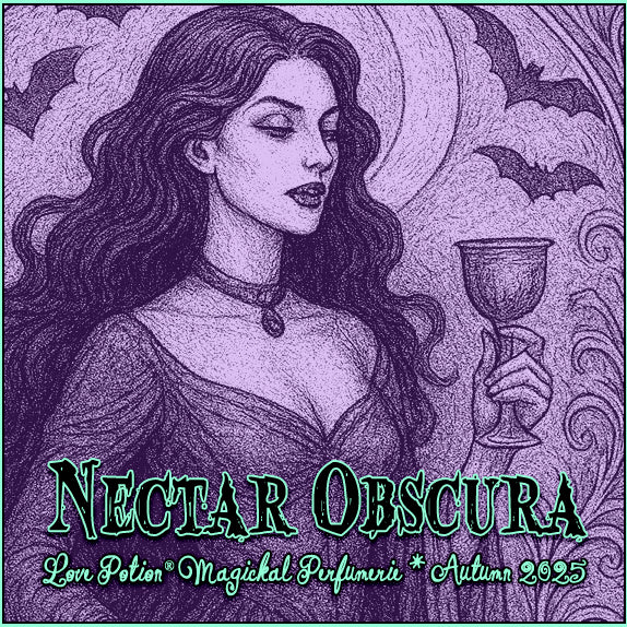 Label for Nectar Obscura perfume – a tobacco, booze, fruit blend – featuring a vampiress with a goblet of blood and bats.
