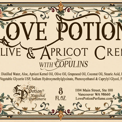 Label for Love Potion Olive & Apricot Creme with copulins. This lovely body cream is packed with nutrients that leave skin feeling dewy and youthful.