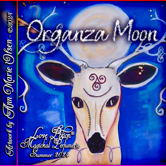 Organza Moon clean perfume brings jasmine, freesia, and magnolia together with cotton. Label features a deer and moon.