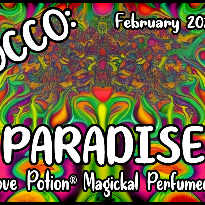 OCCO Paradise has copulin pheromones and a coconut, tropical vanilla musk fragrance. Label shows a rainbow tree.