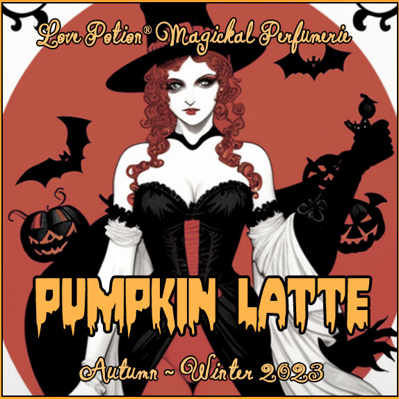 Pumpkin Latte clean perfume smells like a pumpkin spice latte. Label shows a witch with jack-o-lanterns and bats.