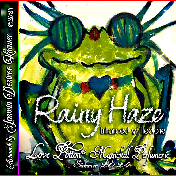 Rainy Haze with Hedione pheromone perfume has a humid and watery nature scent. The label shows a painted frog.