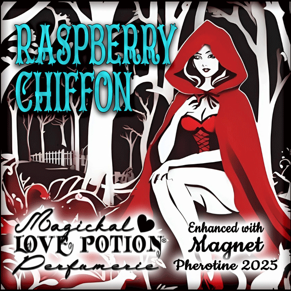 Raspberry Chiffon fruity desert fragrance for women with magnet pheromones. Label features a young woman in a red hood.