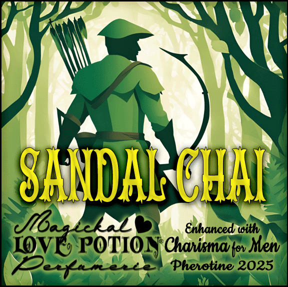 Sandal Chai with Charisma for Men pheromone fragrance label. Features an archer in green, spring woods.