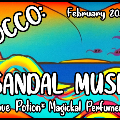OCCO Sandal Musk has copulin pheromones and a vanilla sandalwood musky fragrance. Label shows a rainbow beach.