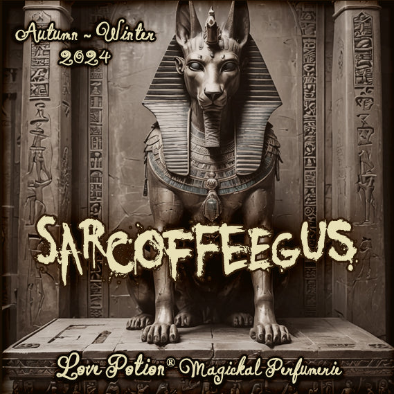 Sarcoffeegus clean perfume smells of a gothic New England coffee shop. Label shows a statue in Egyptian ruins.