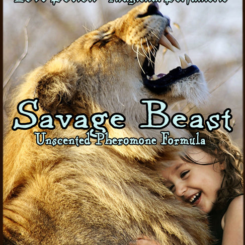Savage beast pheromones reduce household stress and exude parental love. Label shows a young girl hugging a lion.