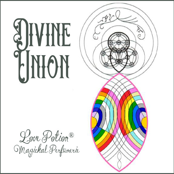 Divine Union perfume promotes spiritual communion between lovers. The label art shows rainbows encircling each other.