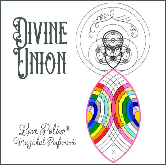 Divine Union perfume promotes spiritual communion between lovers. The label art shows rainbows encircling each other.