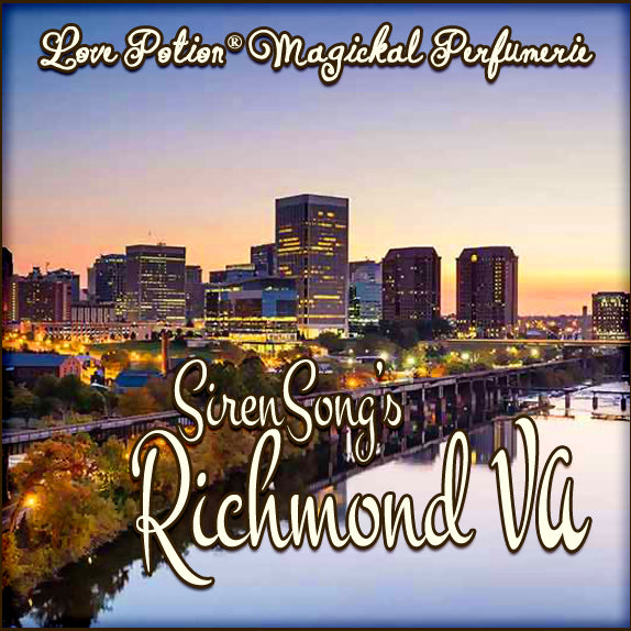 SirenSong's custom perfume combines dogwood blossoms, vanilla, lime, sugar, and cucumber. Label shows Richmond, VA.