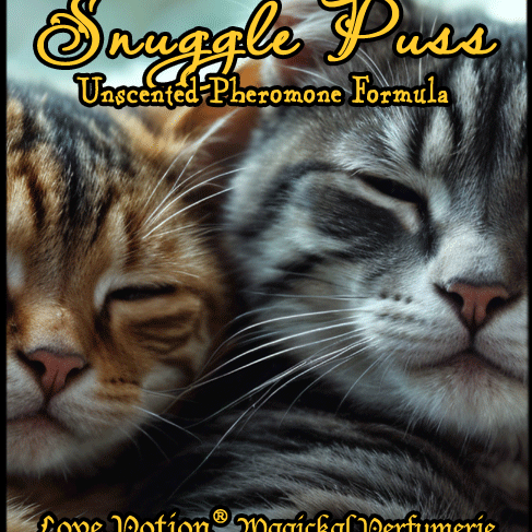 Snuggle Puss pheromone mix of Androstadienone, Estatetraenol, and Copulins. Label features happy pussy cats.
