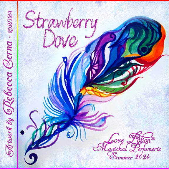 Strawberry Dove clean perfume is a sweet and creamy fruity summer floral. Label shows a rainbow feather.