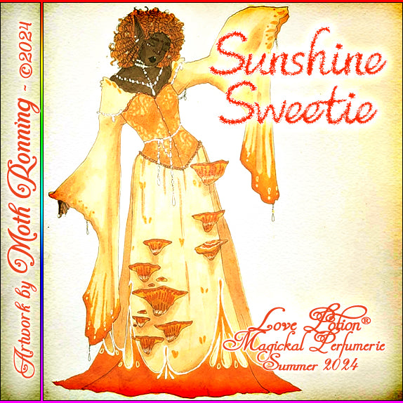 Sunshine Sweetie summer perfume smells like pink pineapple. Label art features an elf in a honey butterfly dress.