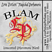 BLAM unscented pheromone forumla for women in a trial bottle size. Label shows Love Potion logo on aged paper.