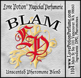 BLAM unscented pheromone forumla for women in a trial bottle size. Label shows Love Potion logo on aged paper.
