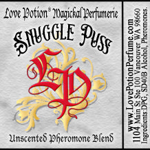 Snuggle Puss unscented pheromone blend for snuggling, cuddling, and intimacy. Label features our logo.