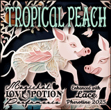 Tropical Peach fruity, flowery fragrance with lace pheromone blend for an exotic allure. Label features cute, pink pigs.