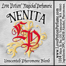 Love Potion Nenita unscented pheromone blend label for a youthful, feminine vibe, with decorative design and text.
