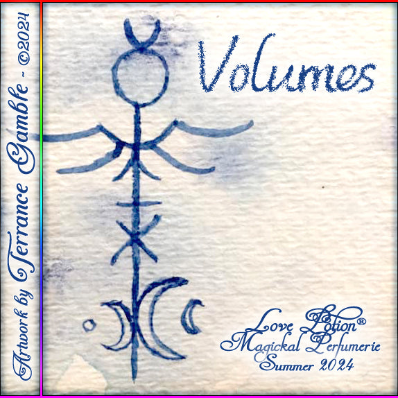 Volumes unisex fragrance smells like a cool library sanctuary on a hot summer day. Label features ink symbols on paper.