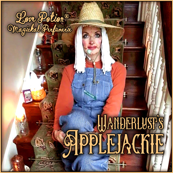 Applejackie is a festive autumn costume party perfume. The label shows a woman dressed as a scarecrow on a staircase.